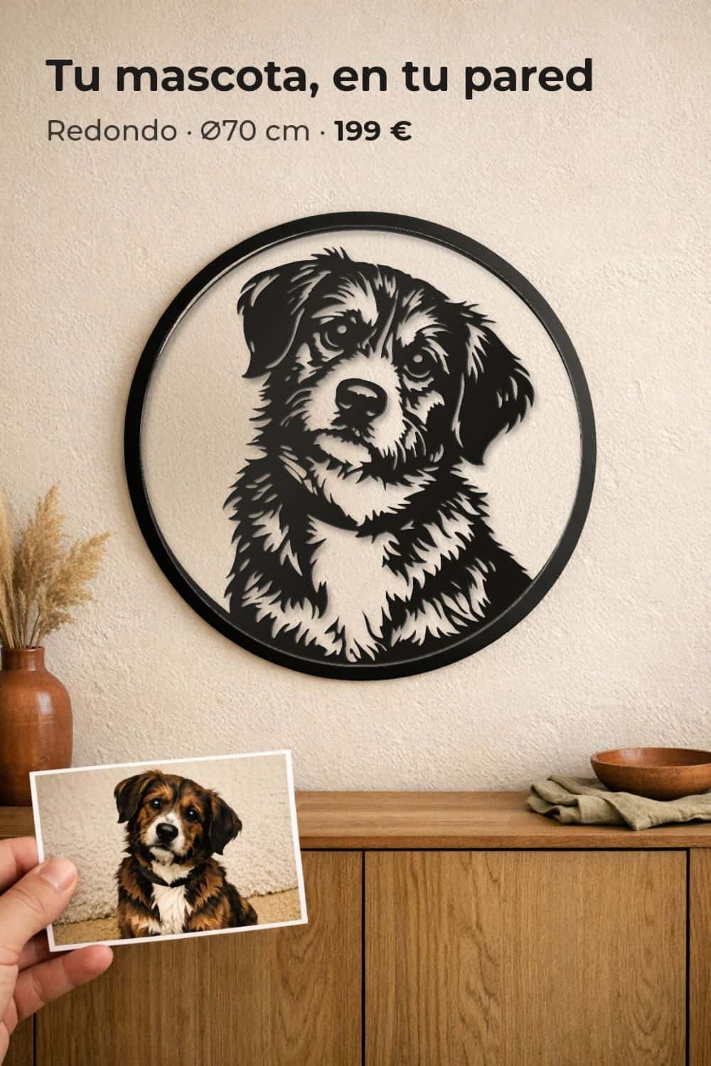 Cuadro redondo personalizado de un perro en aluminio negro