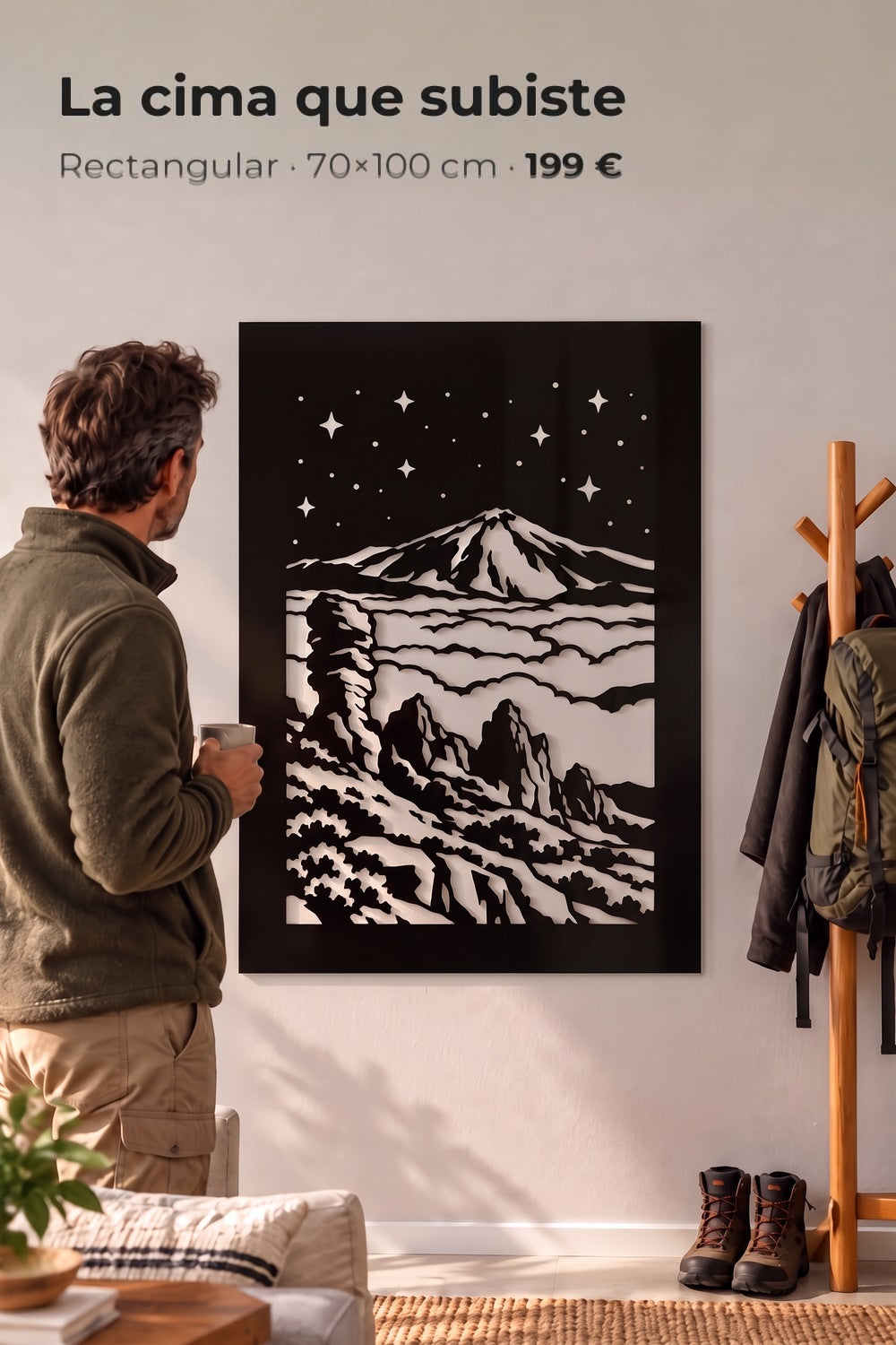 El Teide bajo un cielo estrellado en aluminio negro con marco grueso, en un recibidor