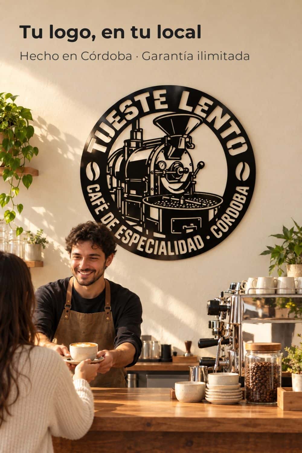 Logo de un tostadero de café en aluminio negro calado detrás de la barra de su cafetería