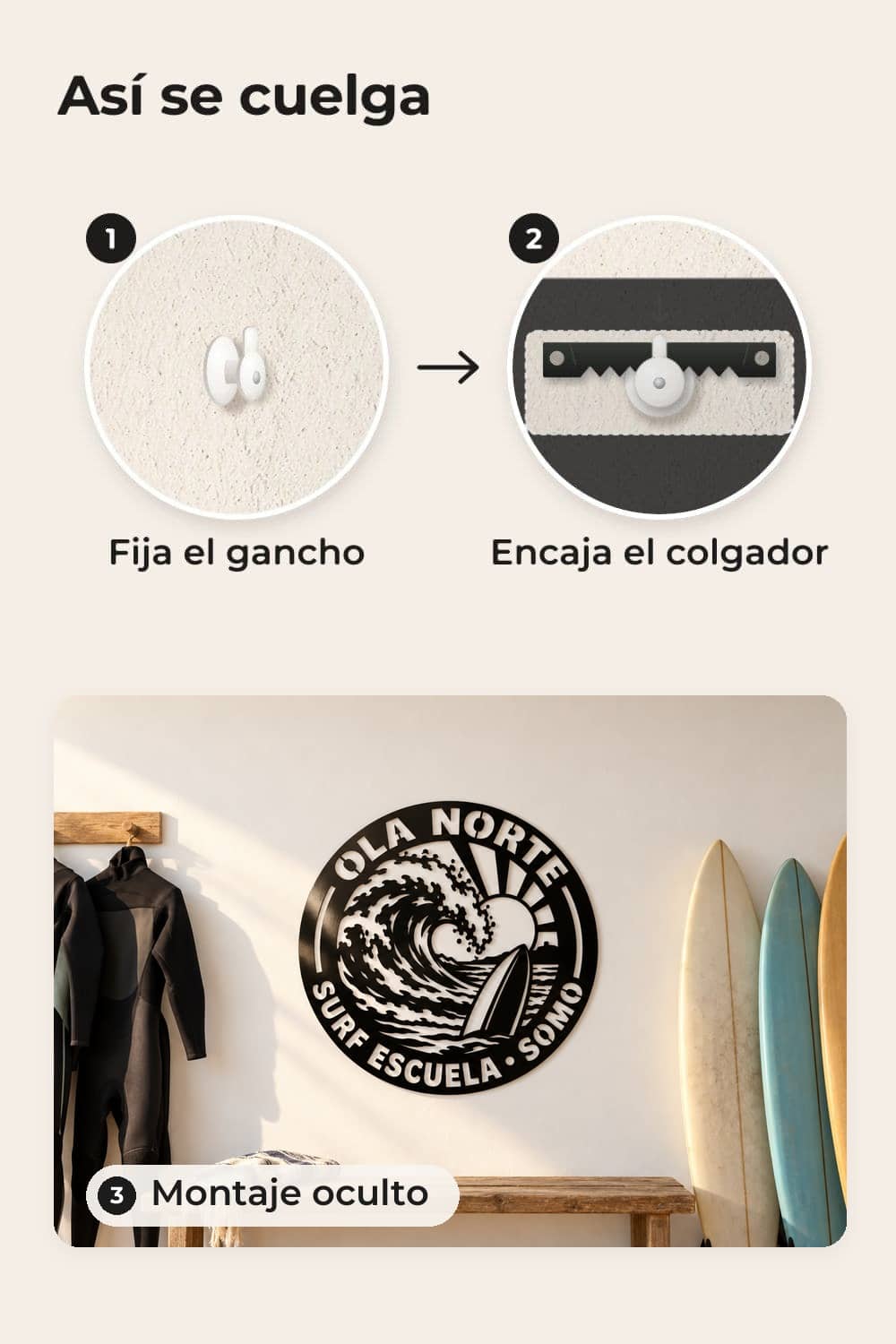 Cómo se cuelga: gancho, colgador y montaje oculto; logo redondo de una escuela de surf
