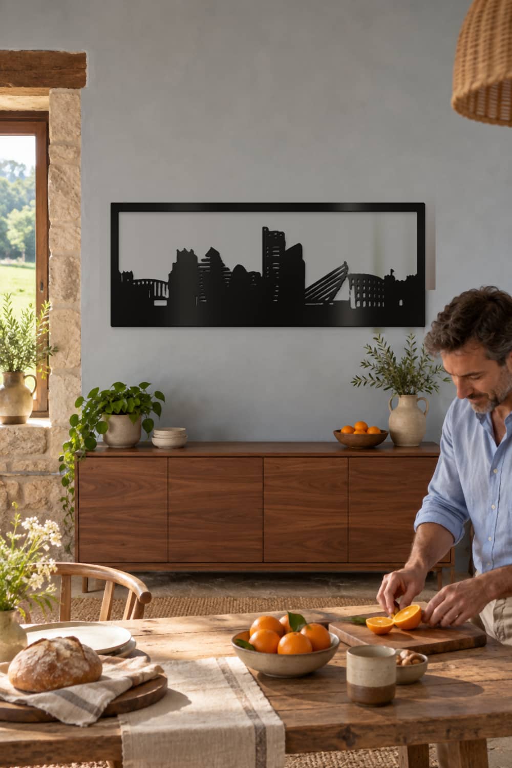 Valencia, skyline de metal sobre aparador mientras se prepara una merienda con naranjas.