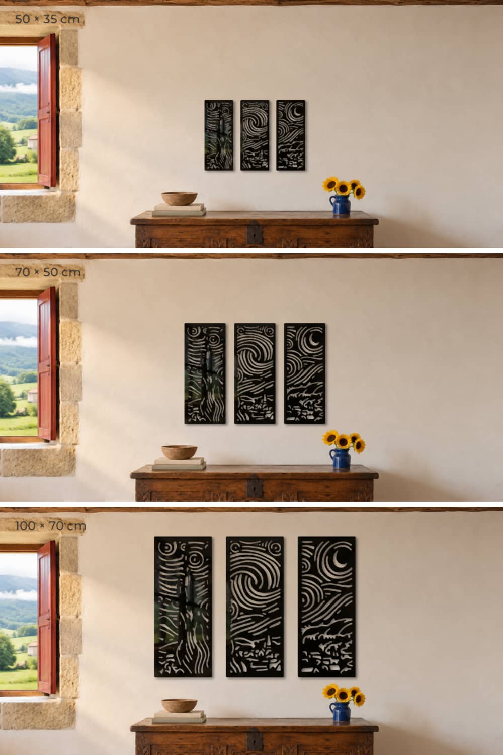 Medidas del cuadro Van G: tríptico de metal de 50x35, 70x50 y 100x70 cm sobre un arcón rústico