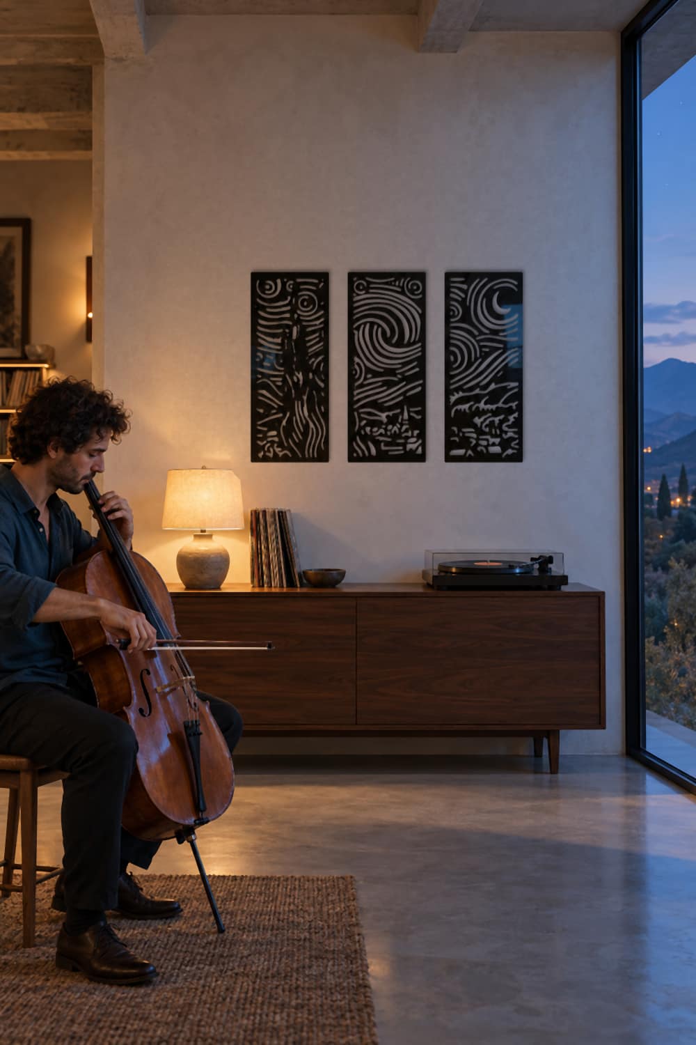Cuadro Van G en un salón moderno al anochecer con un violonchelista y vistas a la sierra