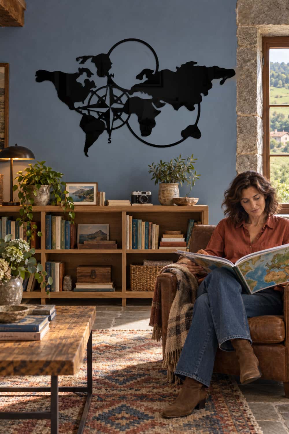World map en una biblioteca de caserío: una viajera consulta su atlas.