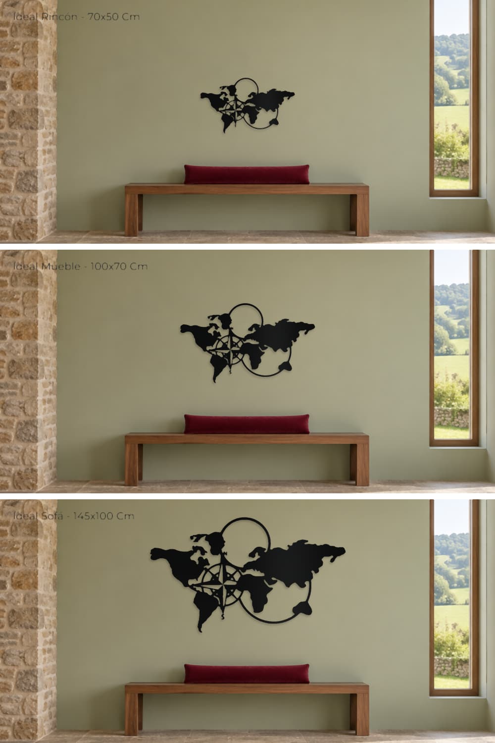 World map: comparativa de los tres tamaños sobre la misma pared.