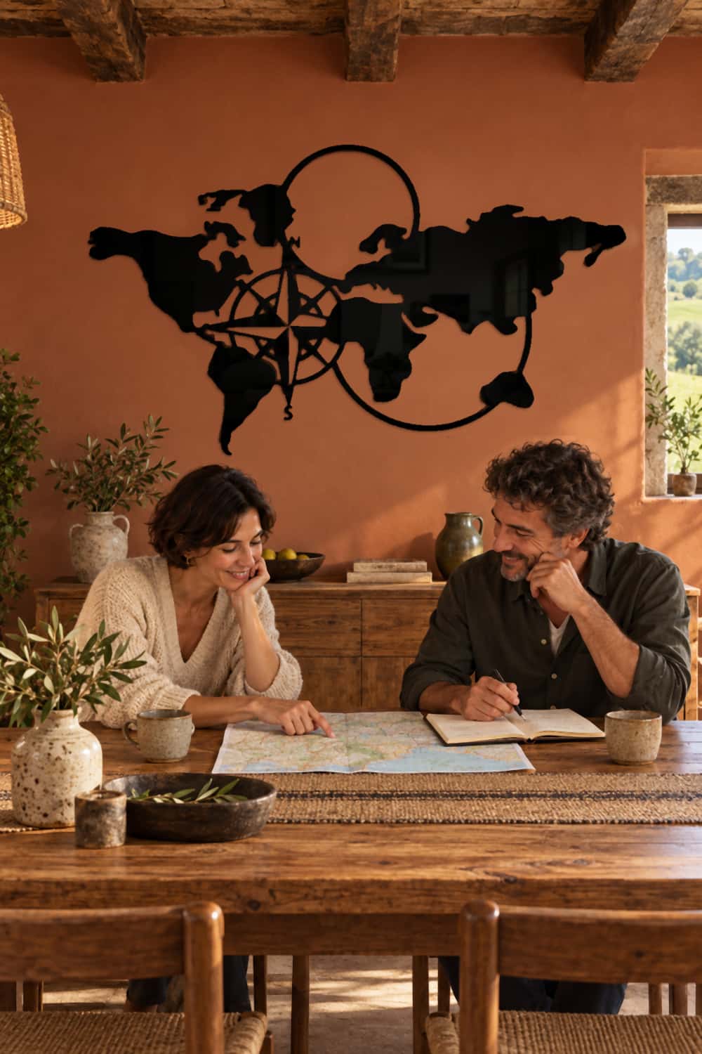 World map en un comedor cántabro, preparando un viaje entre amigos.