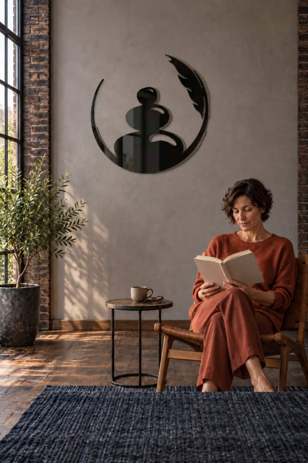 Zen Art en un rincón de lectura de un loft, con una mujer leyendo junto a la ventana.