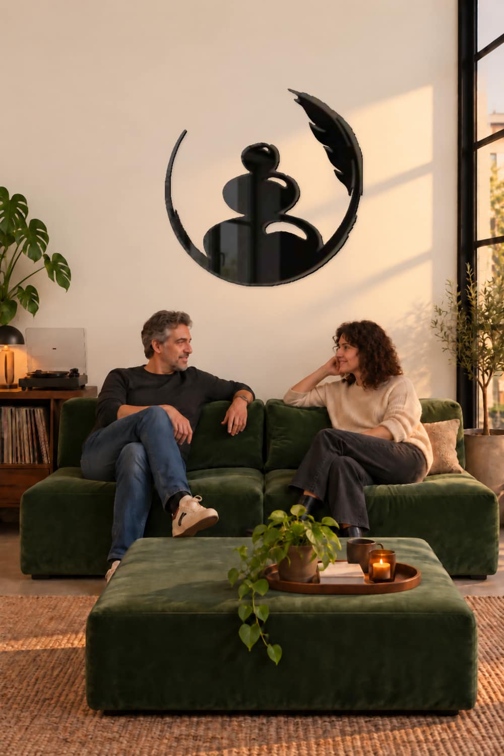 Zen Art sobre sofá verde, con una pareja conversando ante una pared lisa y clara.