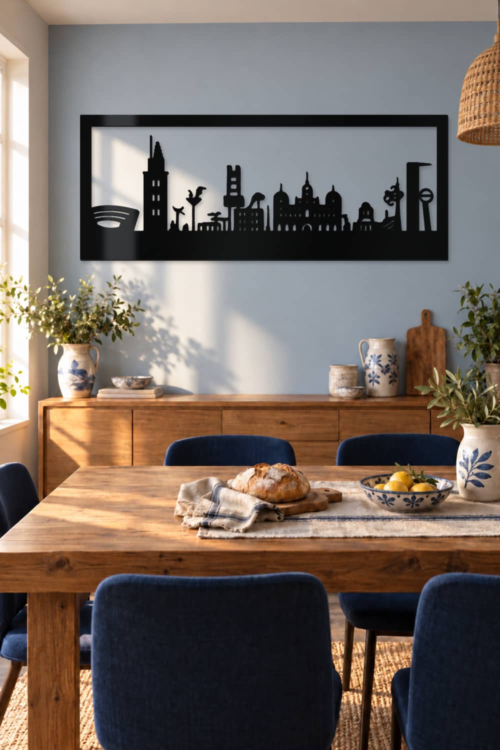A Coruña en aluminio negro brillante en comedor familiar con gran mesa de madera