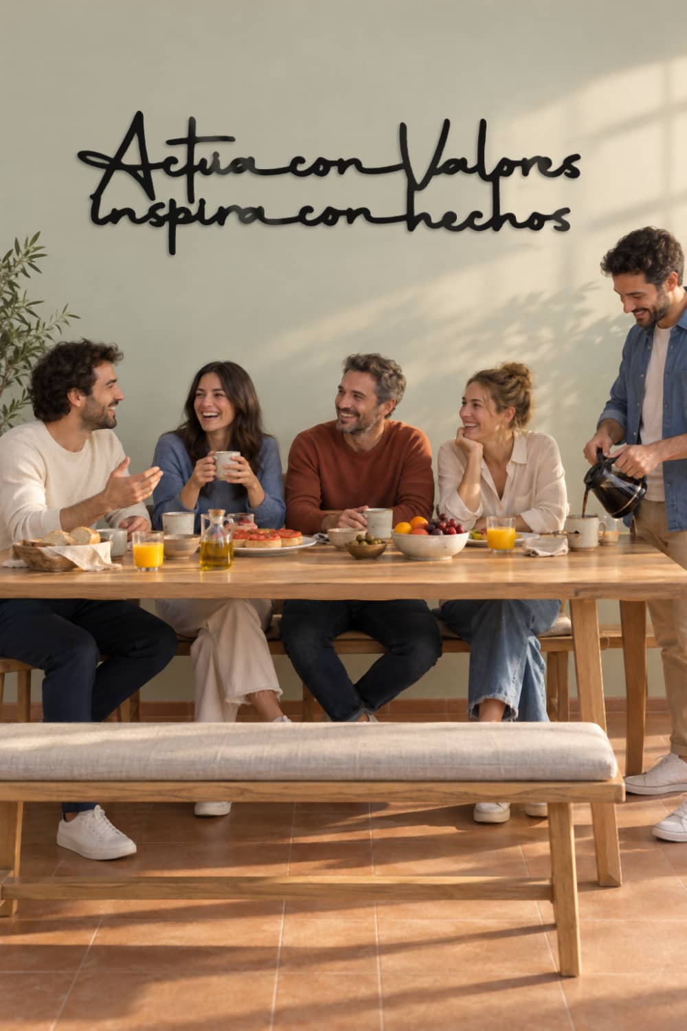Cuadro Actúa con valores, inspira con hechos de 170 cm sobre una mesa de desayuno con cinco amigos