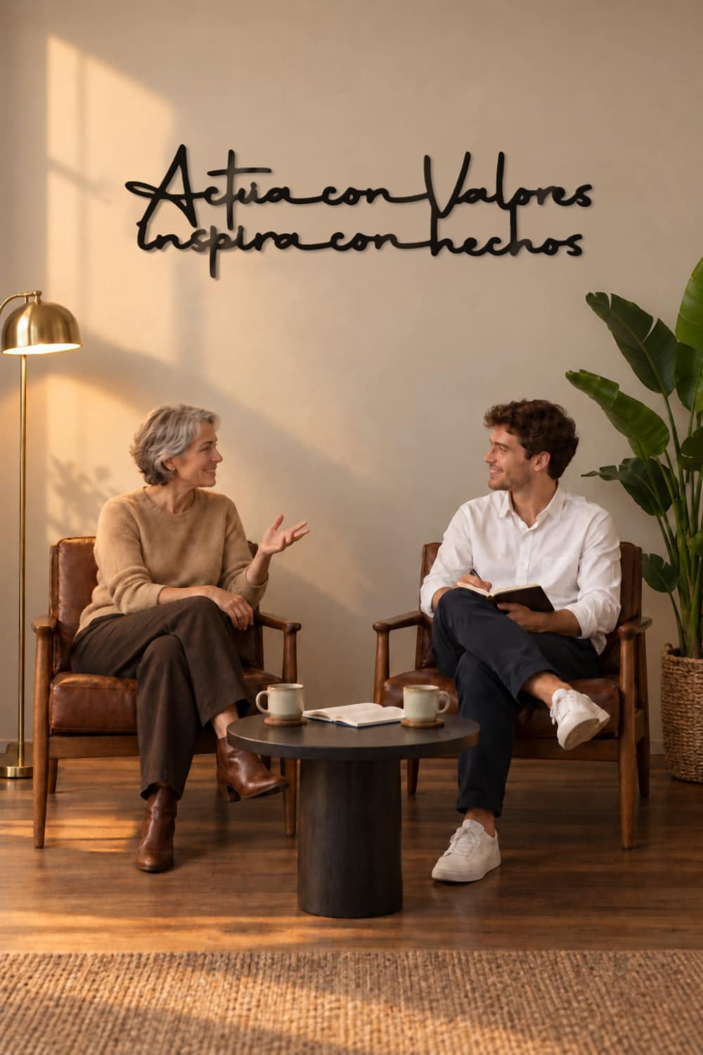 Cuadro Actúa con valores, inspira con hechos en un salón con butacas de cuero y dos personas conversando