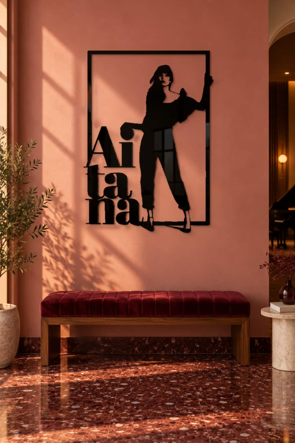 Aitana: cuadro de metal negro en el lobby de un hotel boutique musical.