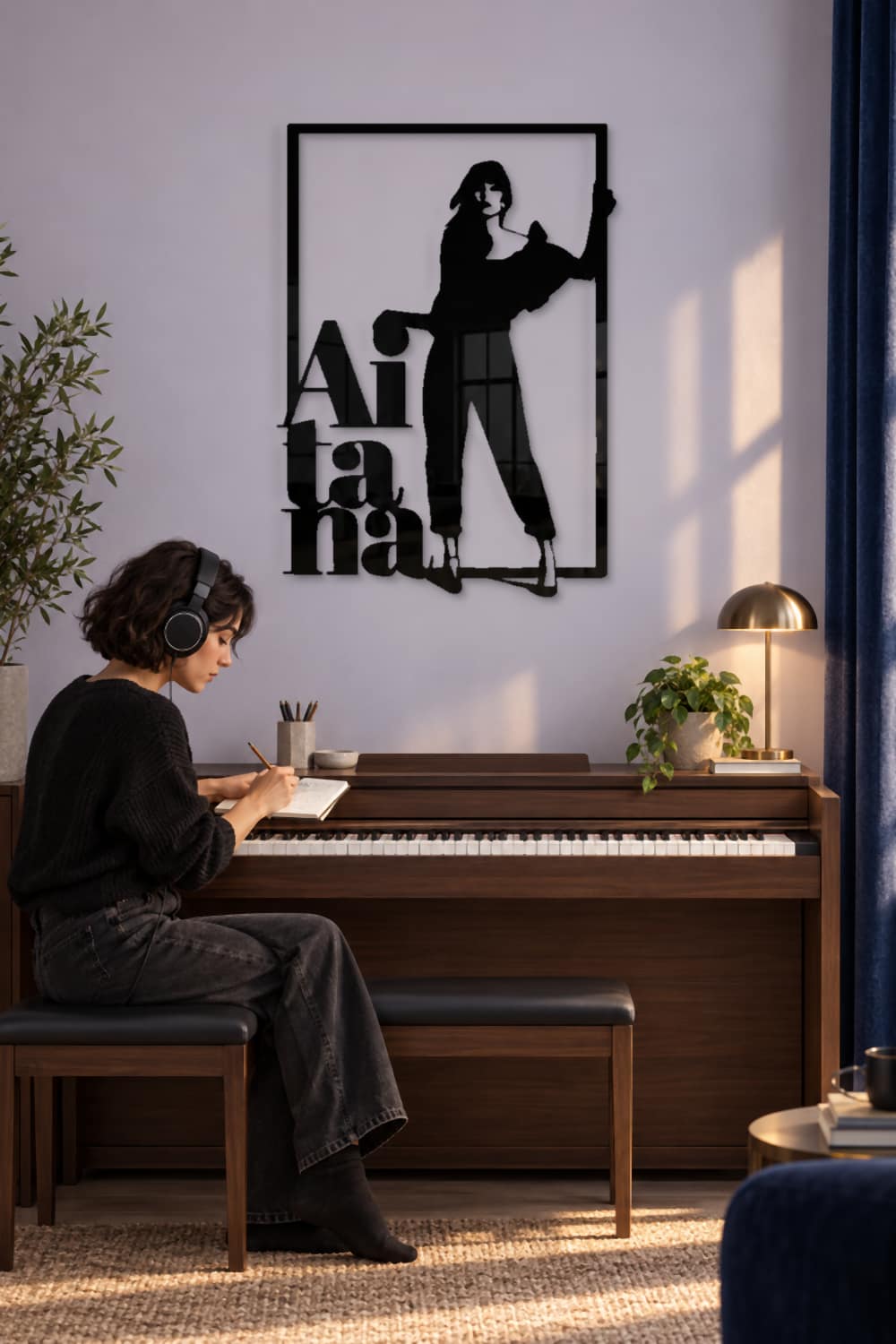 Aitana: inspiración musical junto al piano en una sala privada de escucha.