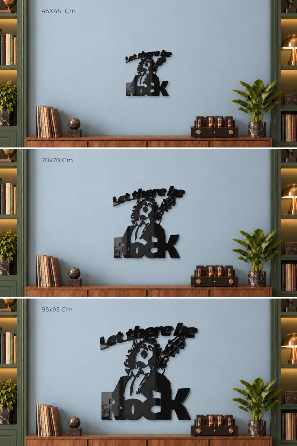 Angus Young AC/DC: comparativa de medidas 45, 70 y 95 cm en la misma pared