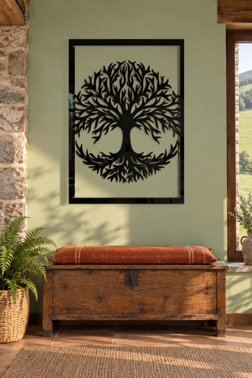 Árbol de la vida de aluminio negro en un caserío vasco con vistas verdes