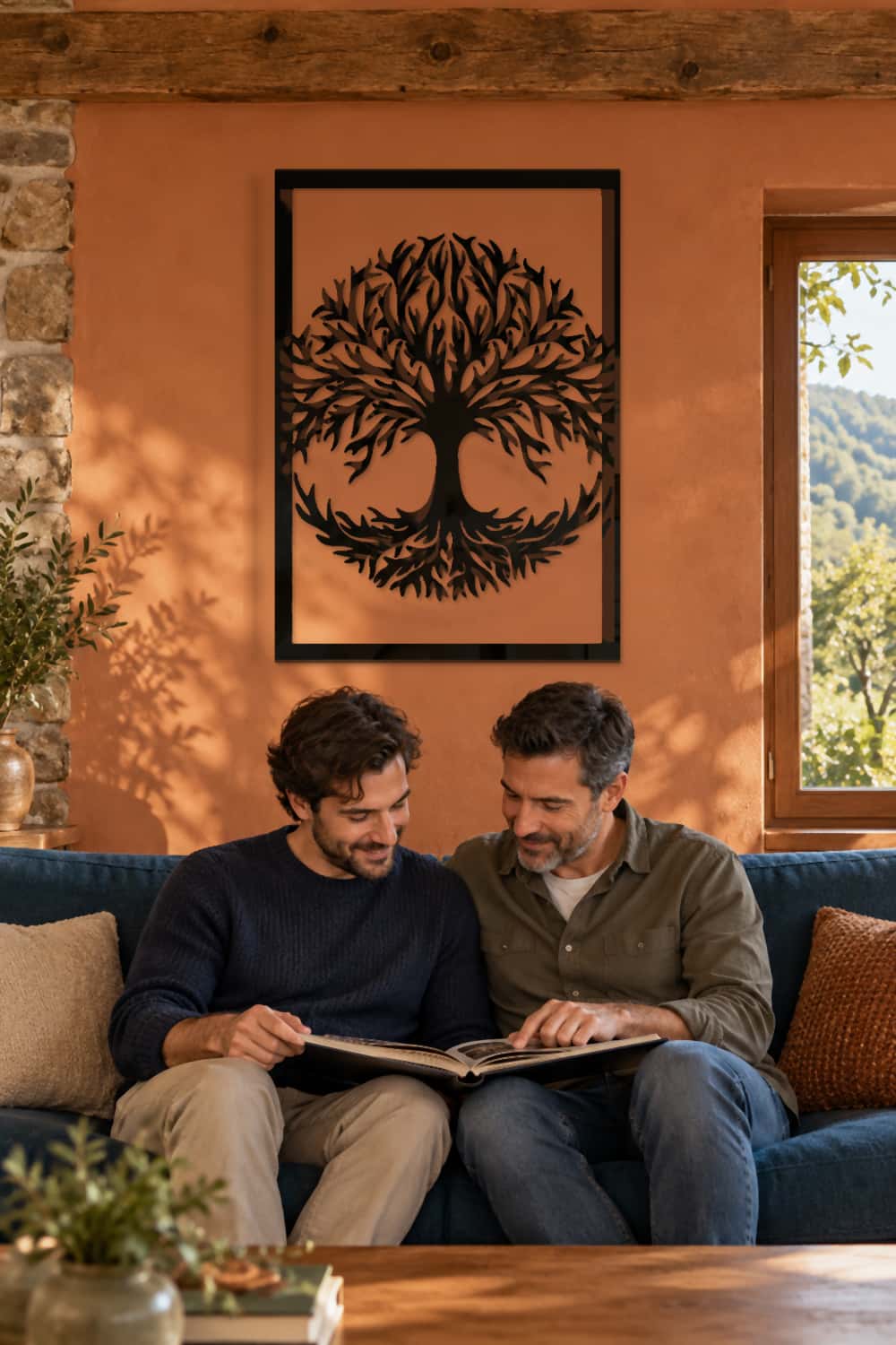 Árbol de la vida sobre un sofá azul durante una tarde de recuerdos familiares