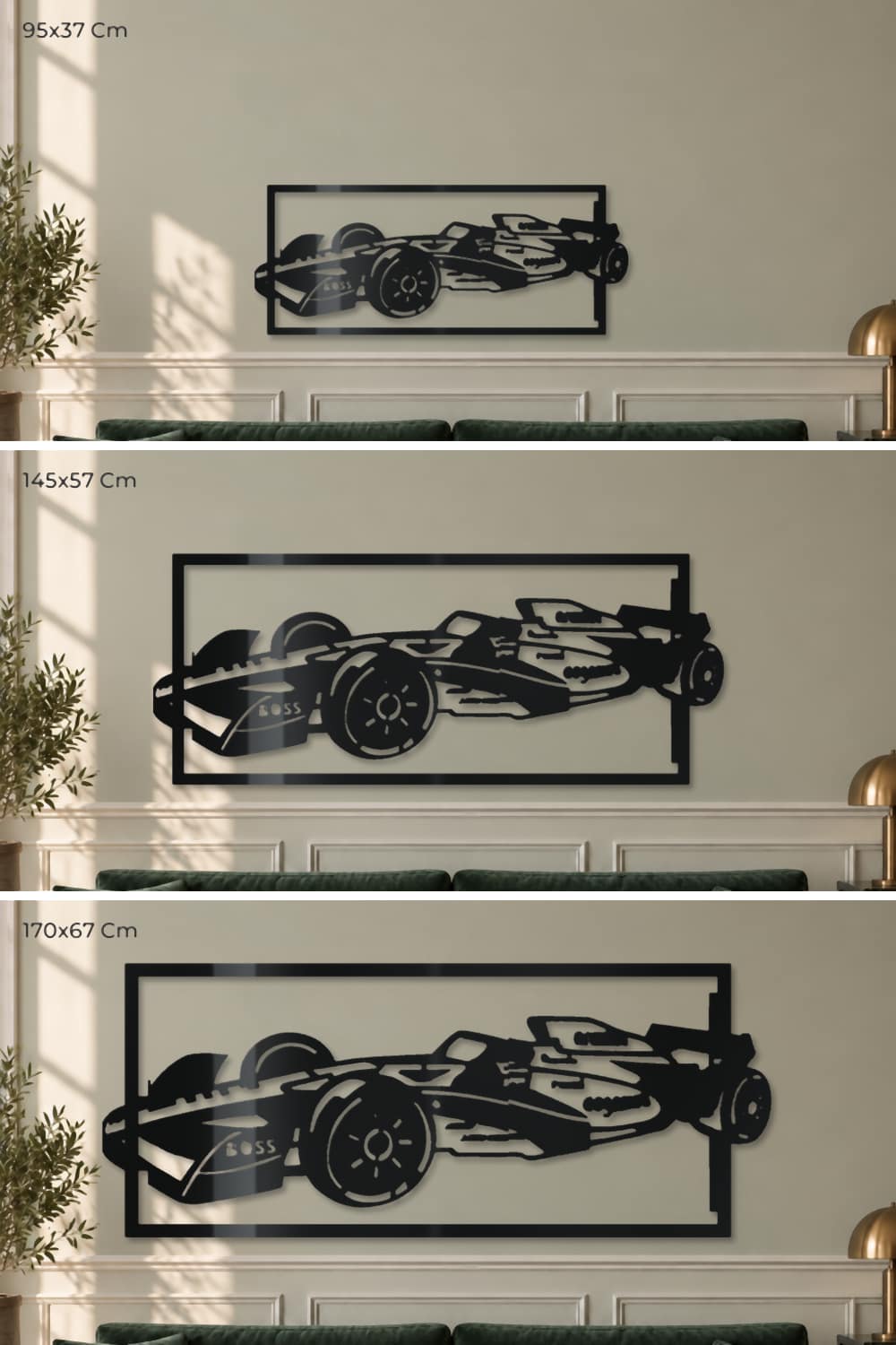 Aston Martin F1 Amr23: comparación de medidas 95x37, 145x57 y 170x67 Cm en la misma pared