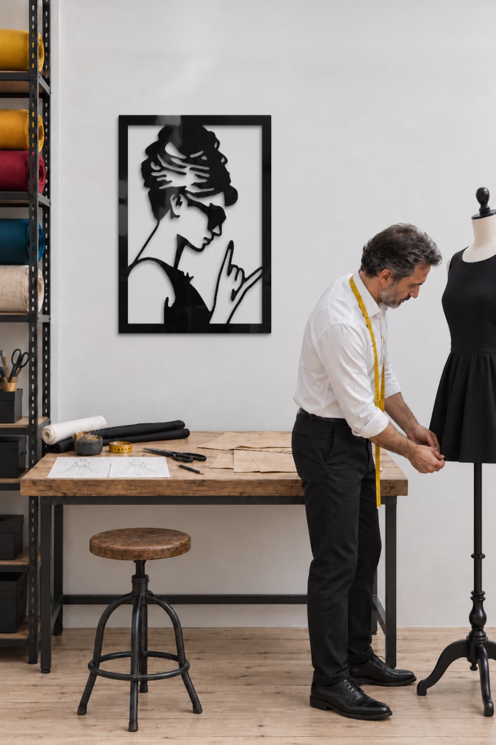 Cuadro de metal Audrey Hepburn en un taller de costura, sastre ajustando un vestido negro