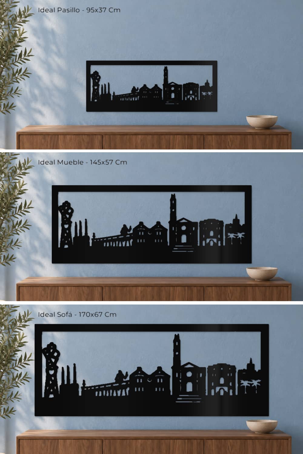 Cuadro Badalona: comparativa de tamaños 95x37, 145x57 y 170x67 cm en la misma pared