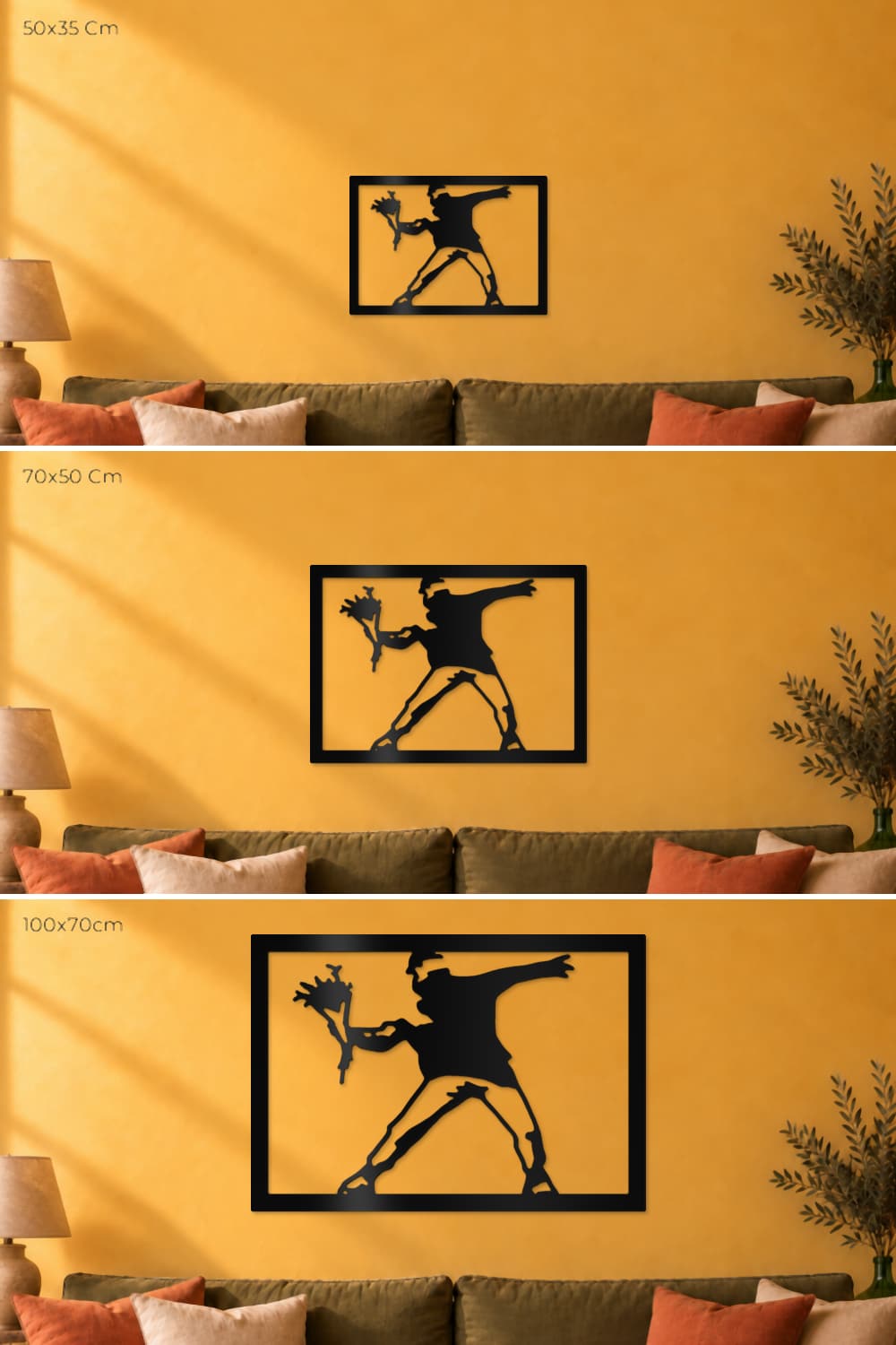 Banksy Classic: comparación a escala de las medidas 50x35 Cm, 70x50 Cm y 100x70cm.