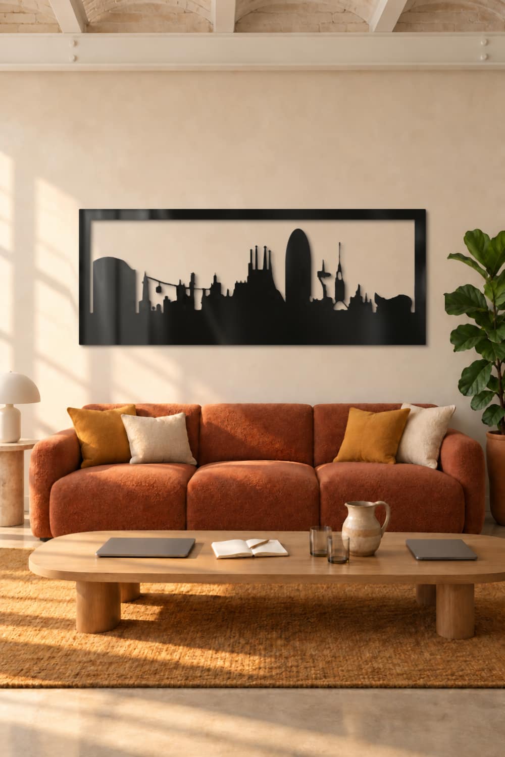 Barcelona en aluminio negro brillante en el lounge de un coworking con sofá terracota