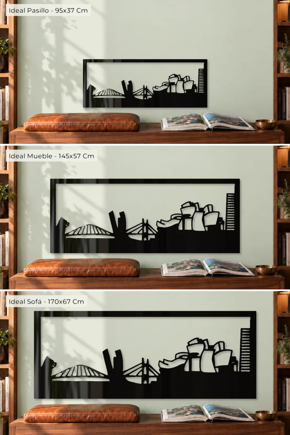 Bilbao, comparativa de medidas 95x37, 145x57 y 170x67 cm en la misma biblioteca
