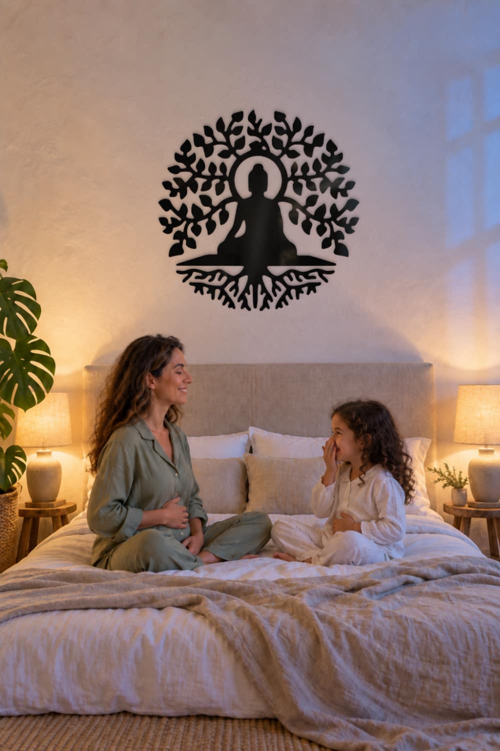 Budha De La Vida sobre el cabecero: madre e hija respirando juntas en un dormitorio al anochecer