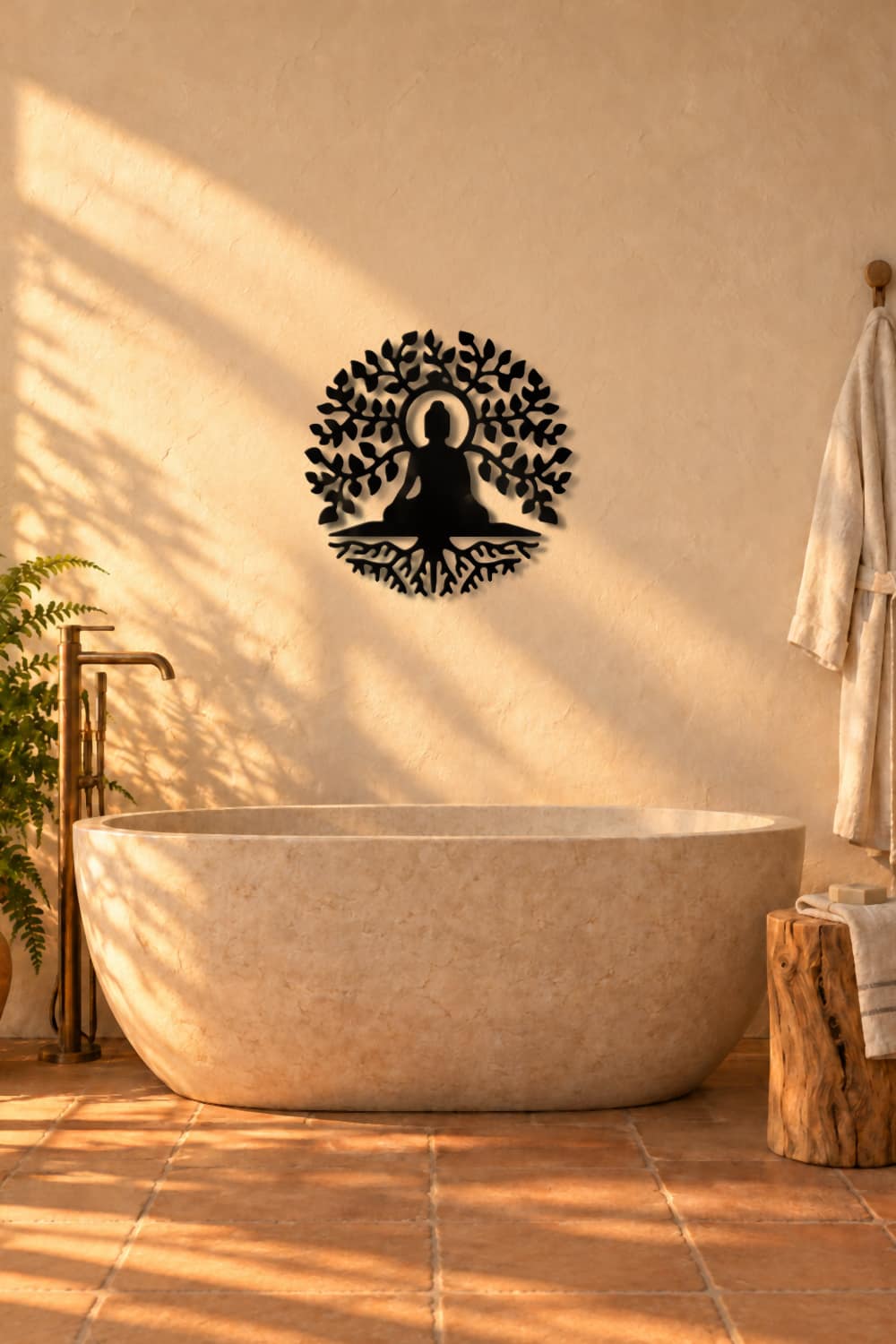 Budha De La Vida en un baño de piedra con bañera exenta y sol de tarde sobre la pared