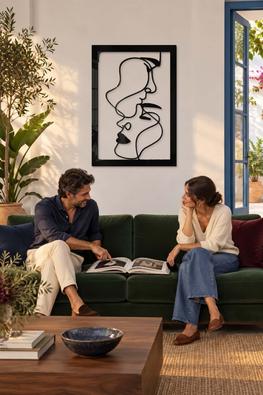 Caras sobre sofá verde con una pareja compartiendo un libro de arte junto al patio