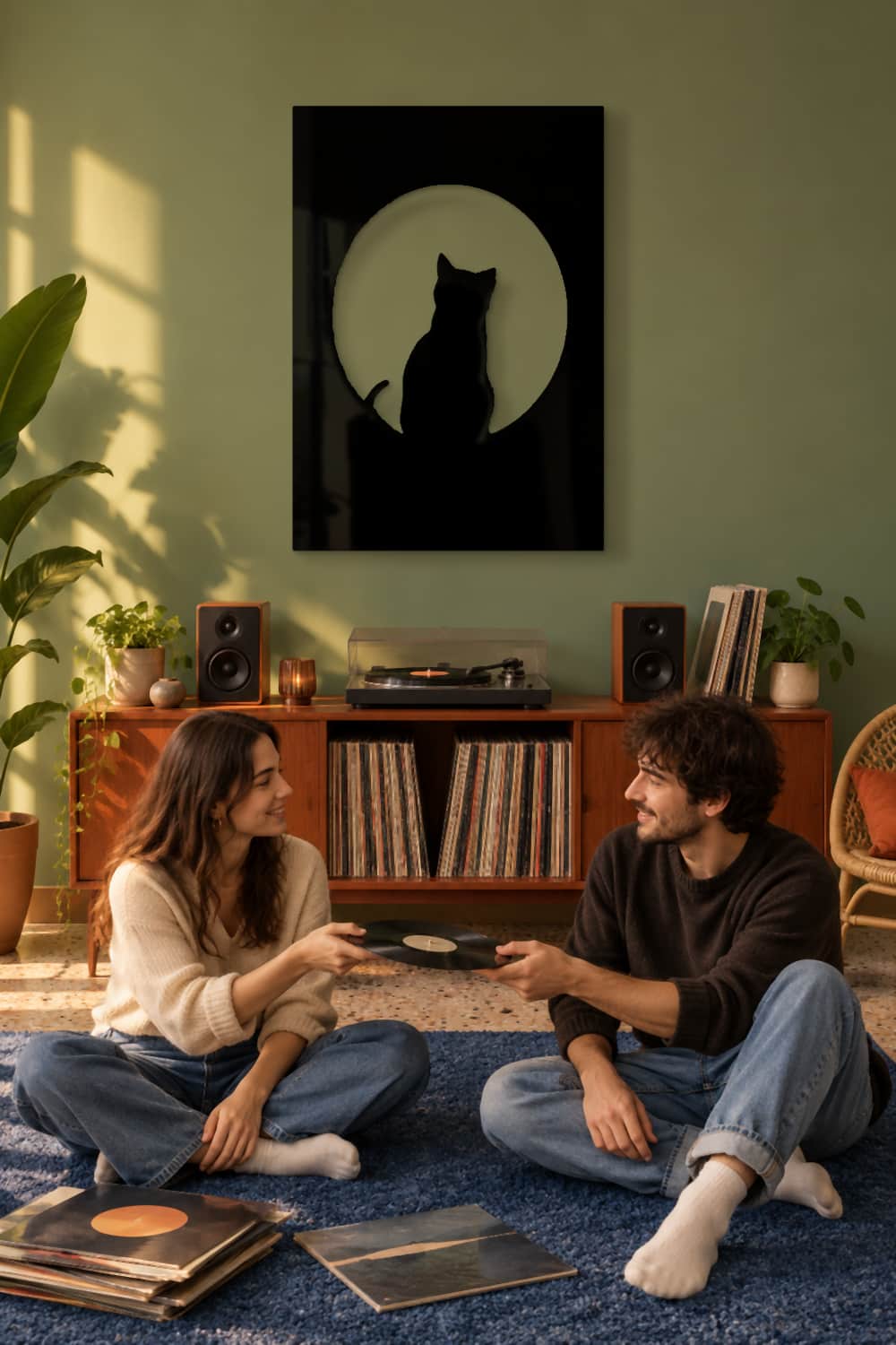 Cat On The Moon en una sala verde donde dos amigos comparten música.