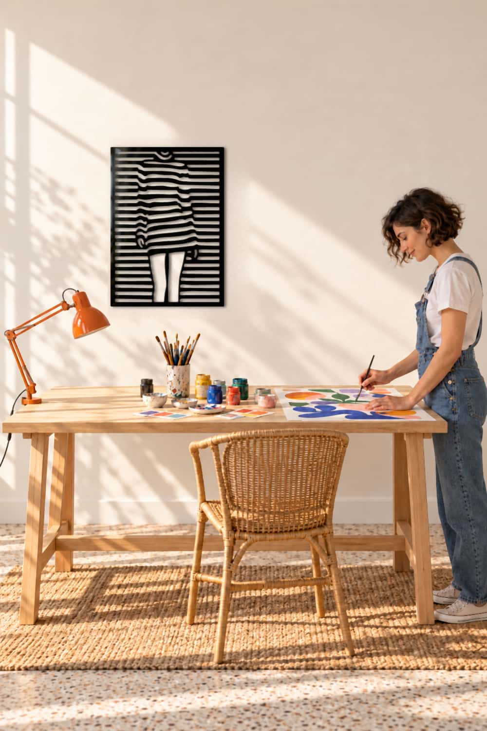 Cuadro Chica Pop de 70×50 cm en un estudio luminoso donde una ilustradora pinta en su mesa