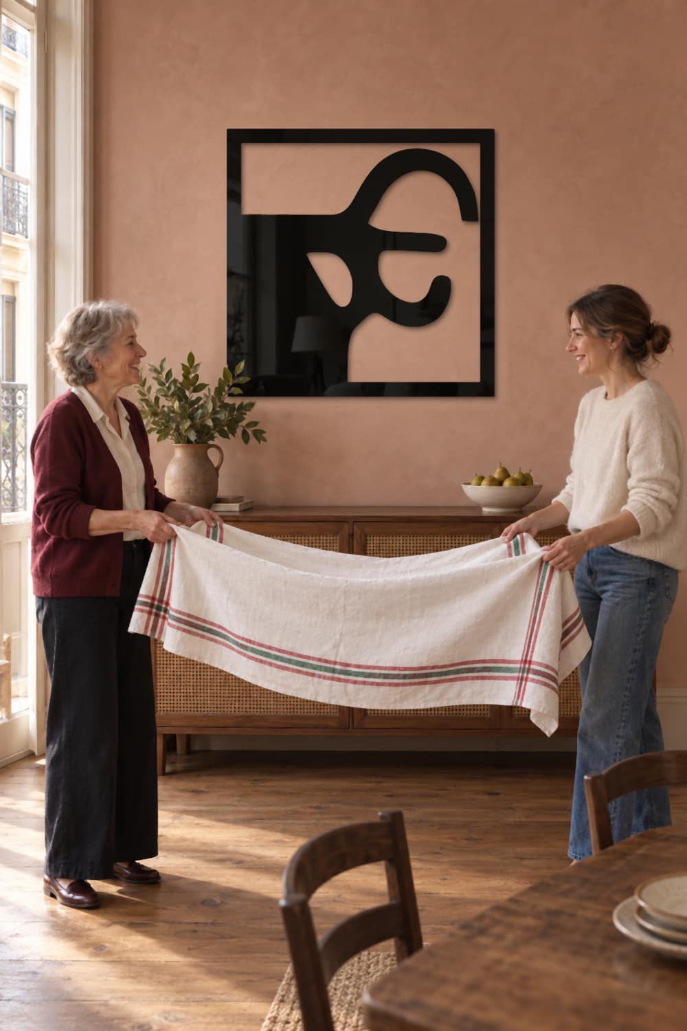 Chillida Nº 2 en un comedor terracota, con dos mujeres doblando un mantel de lino.