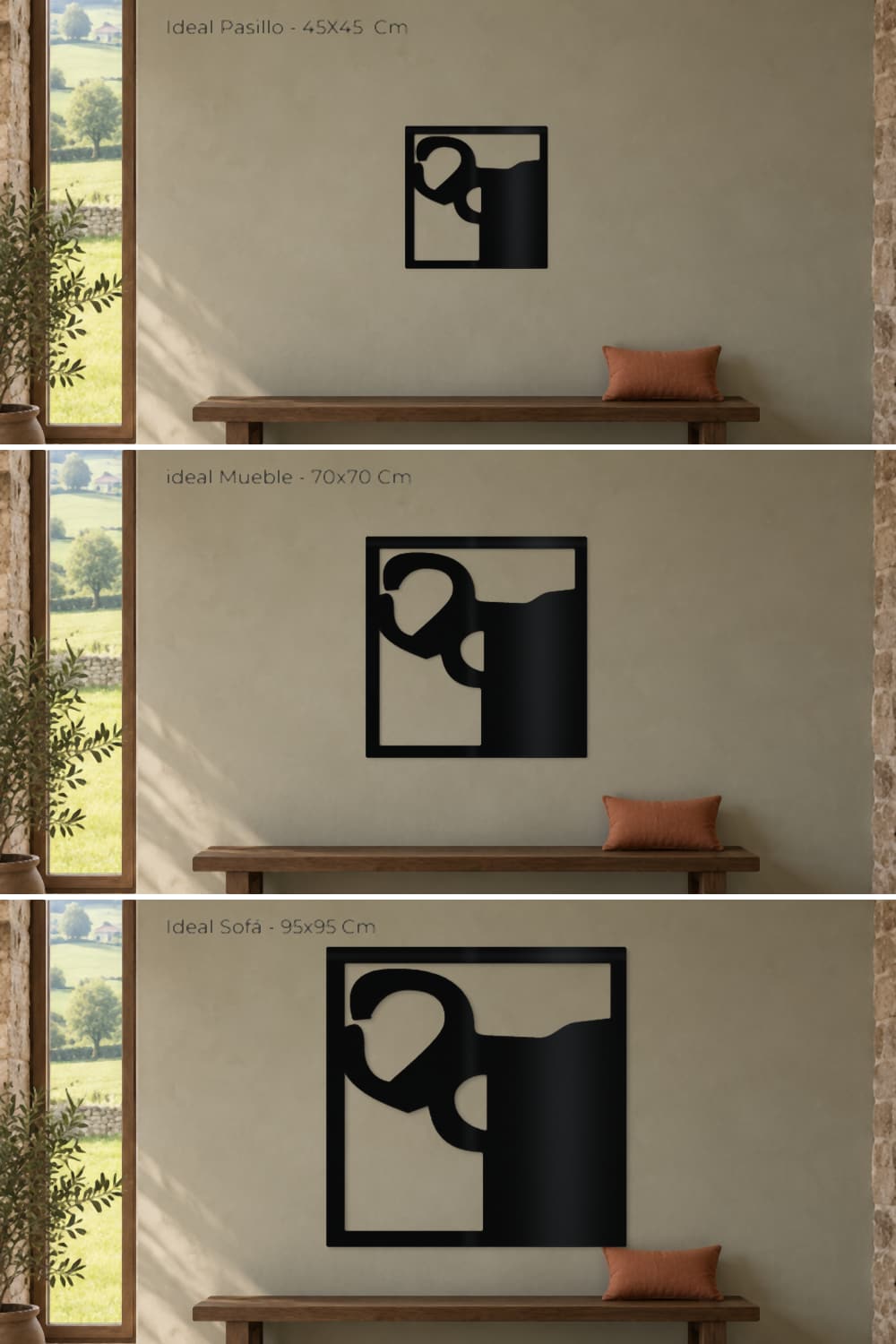 Chillida Nº01: comparativa a escala de 45, 70 y 95 cm sobre la misma pared