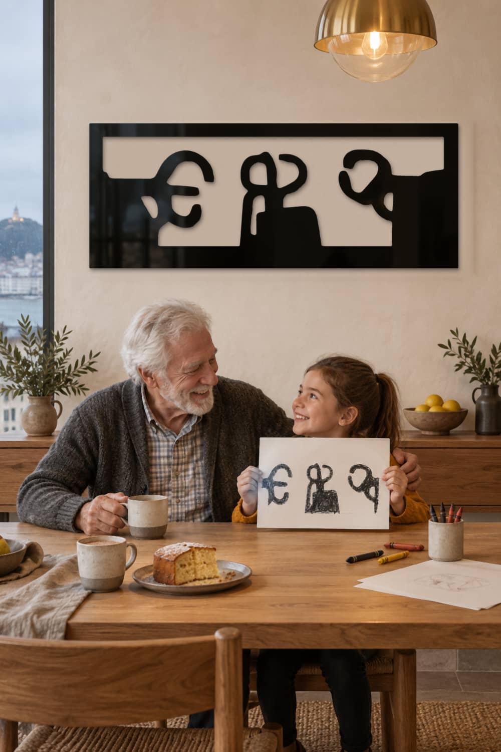 Cuadro Chillida Peine de los Vientos en un comedor de Donostia con un abuelo y su nieta merendando