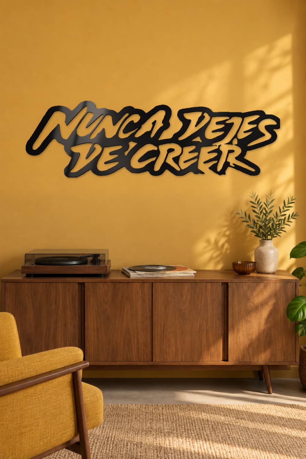 Nunca Dejes De Creer en salón mid-century con pared mostaza y aparador de nogal