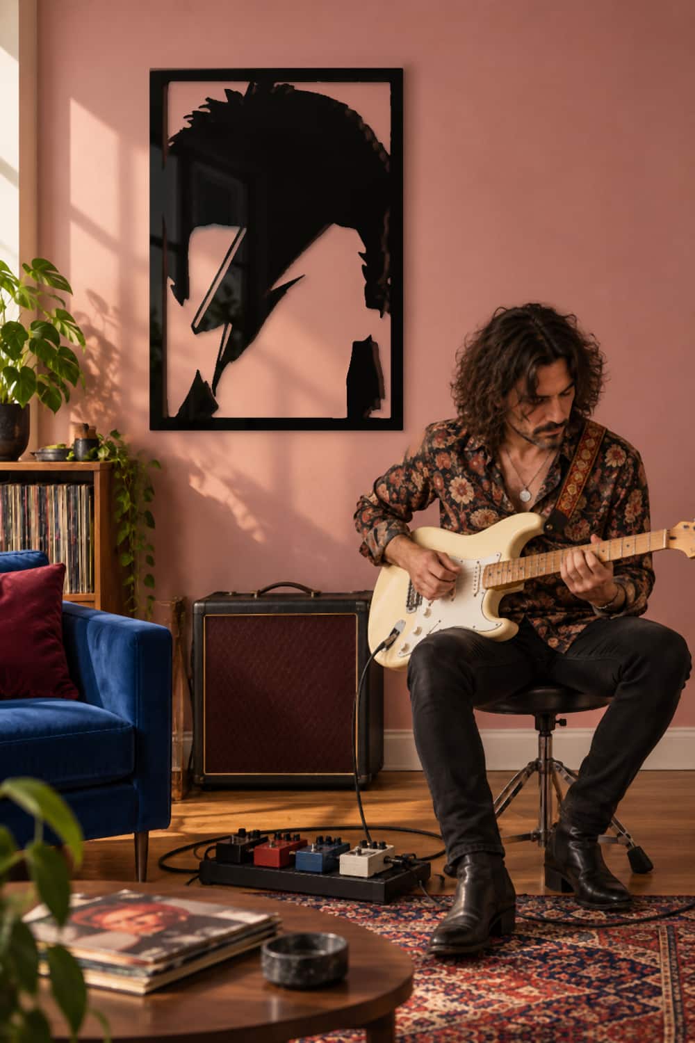David Bowie en un estudio creativo con un guitarrista y amplificador