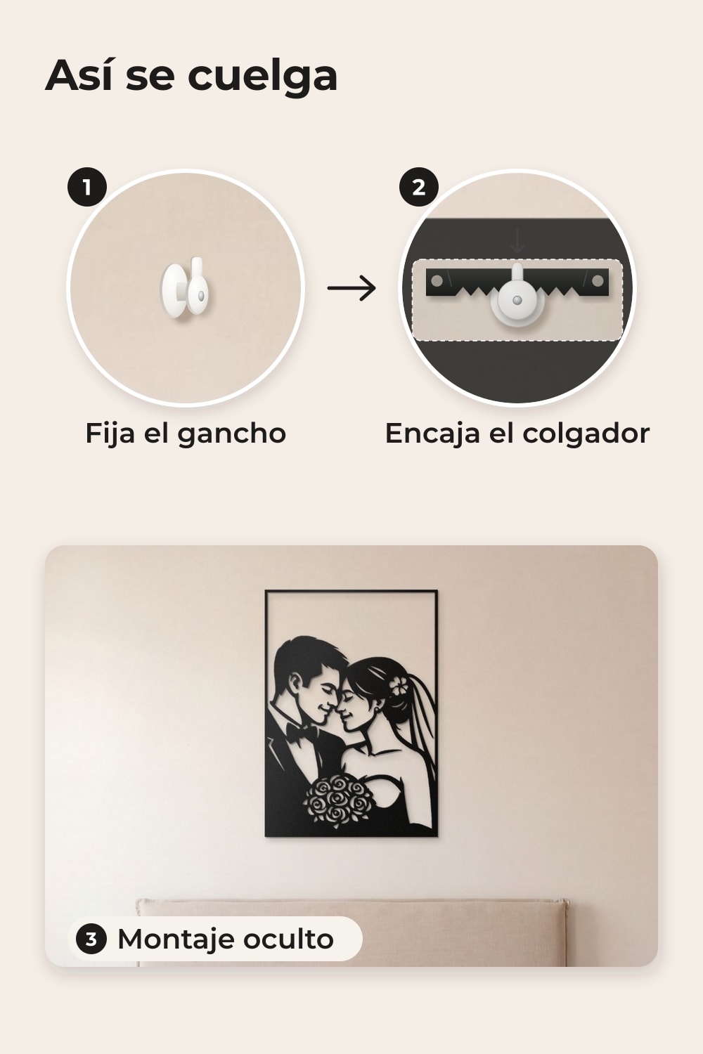 Cómo se cuelga: gancho, colgador y montaje oculto; cuadro de unos novios