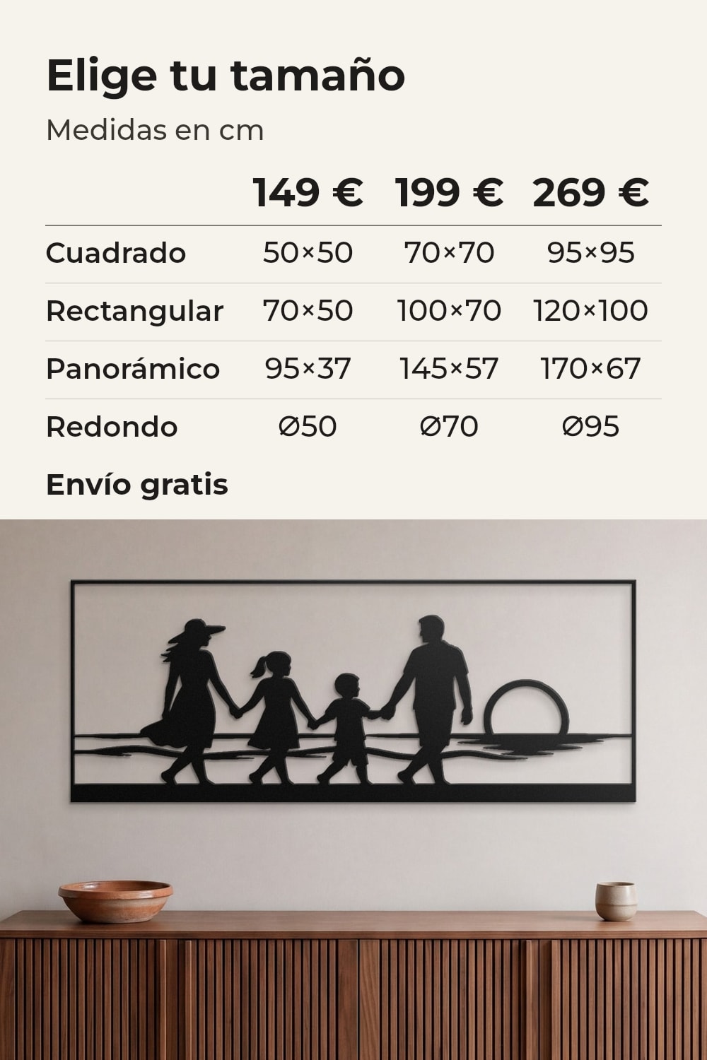 Tamaños y precios: 149 €, 199 € y 269 €; familia paseando por la playa