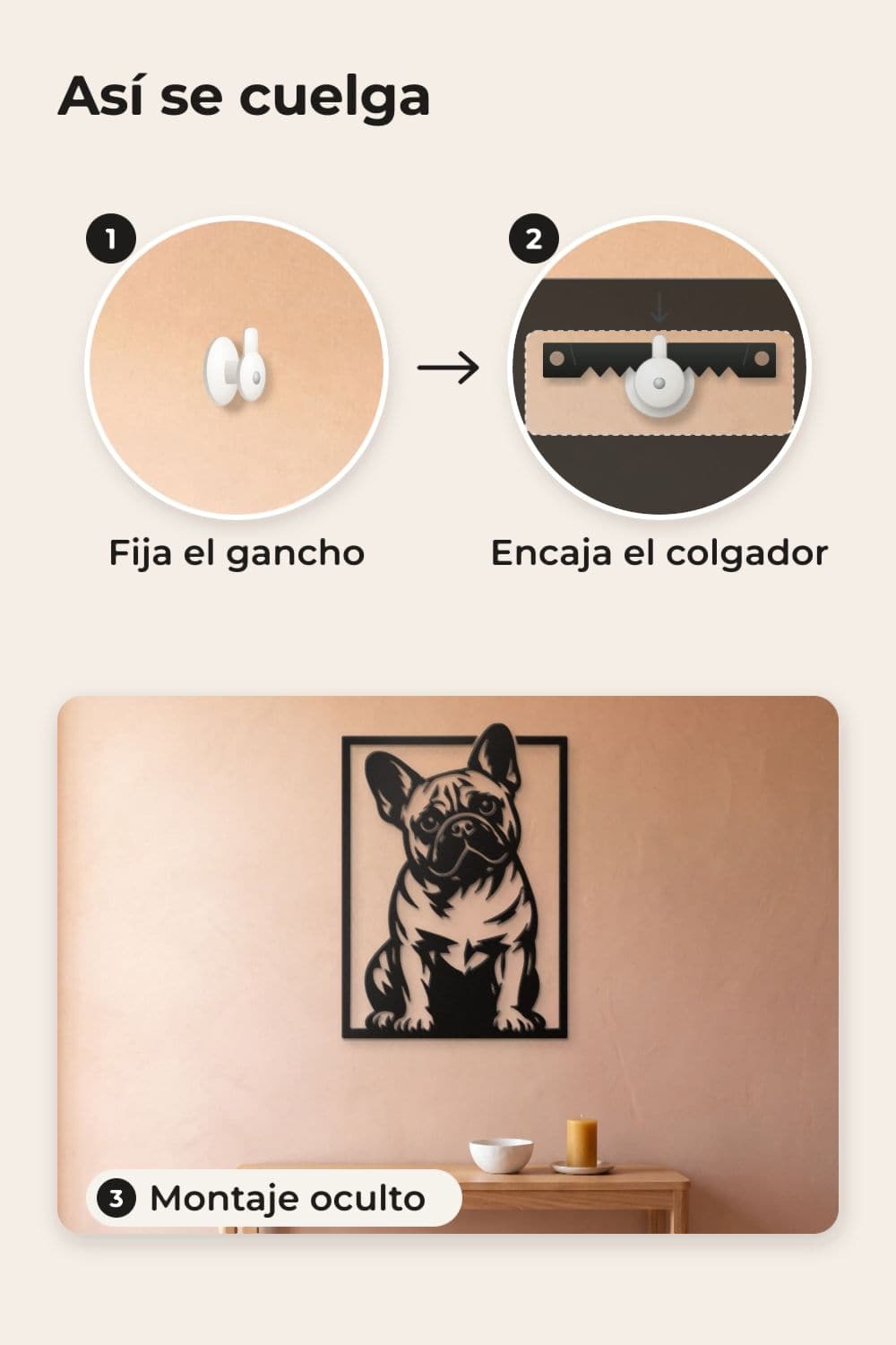 Cómo se cuelga: gancho, colgador y montaje oculto; cuadro de un bulldog francés