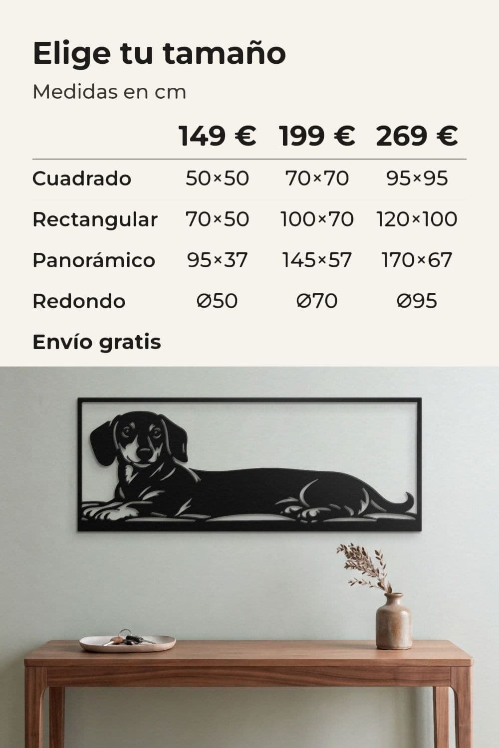 Tamaños y precios: 149 €, 199 € y 269 €; perro salchicha tumbado