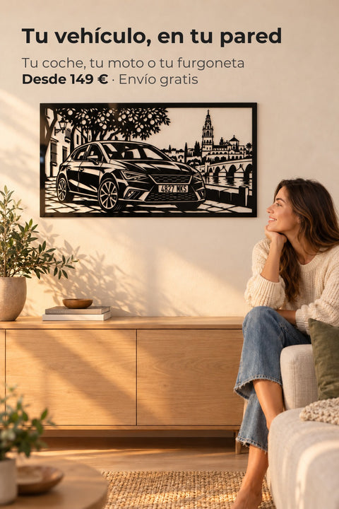 Cuadro personalizado de un SEAT Ibiza en aluminio negro, hecho al momento desde su foto, en un salón