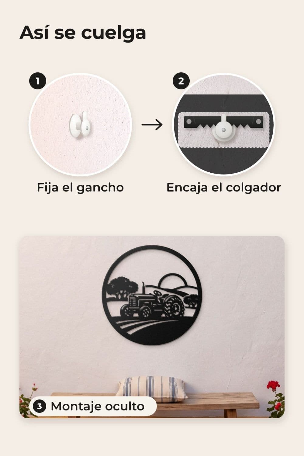 Cómo se cuelga: gancho, colgador y montaje oculto; cuadro redondo de un tractor