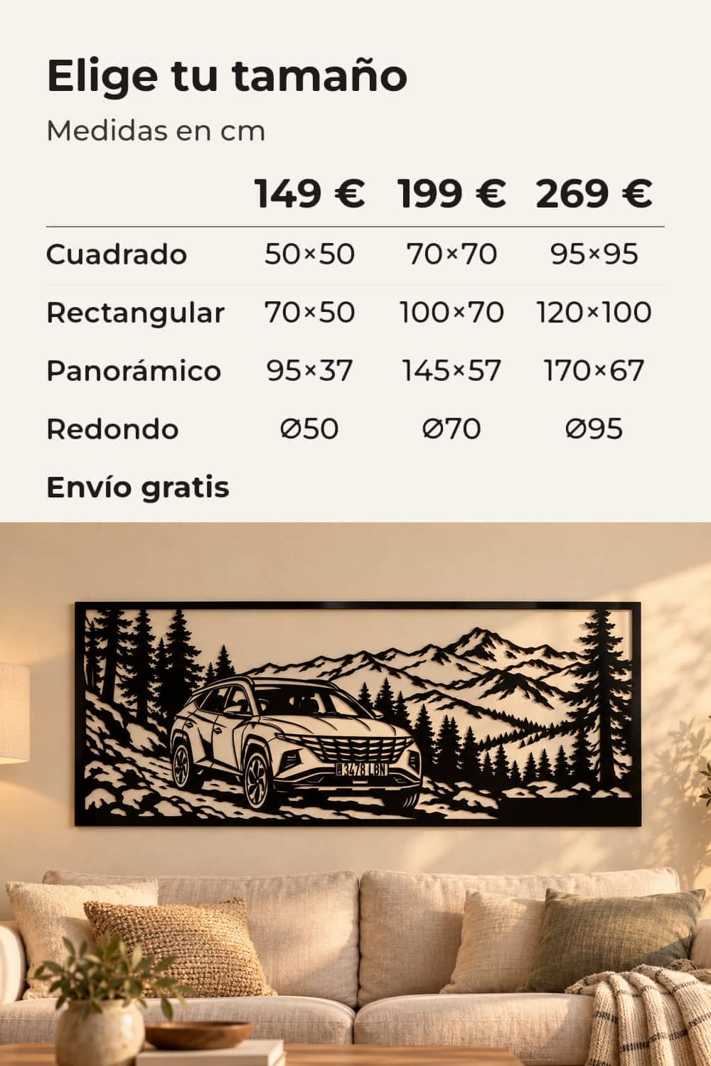 Tamaños y precios: 149 €, 199 € y 269 €; cuadro panorámico de un Hyundai Tucson con Sierra Nevada