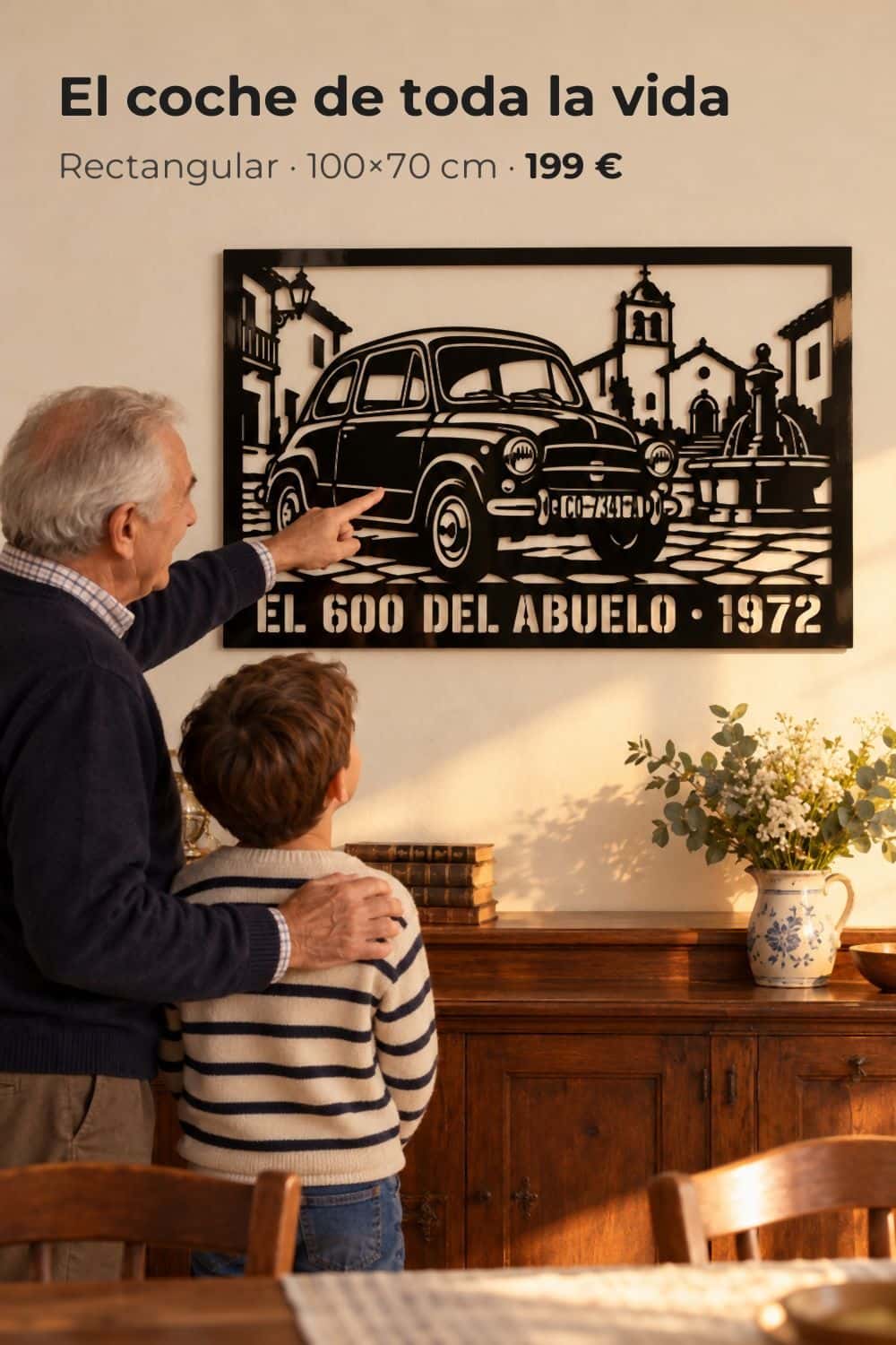 Cuadro personalizado de un SEAT 600 clásico con su matrícula antigua, el coche del abuelo