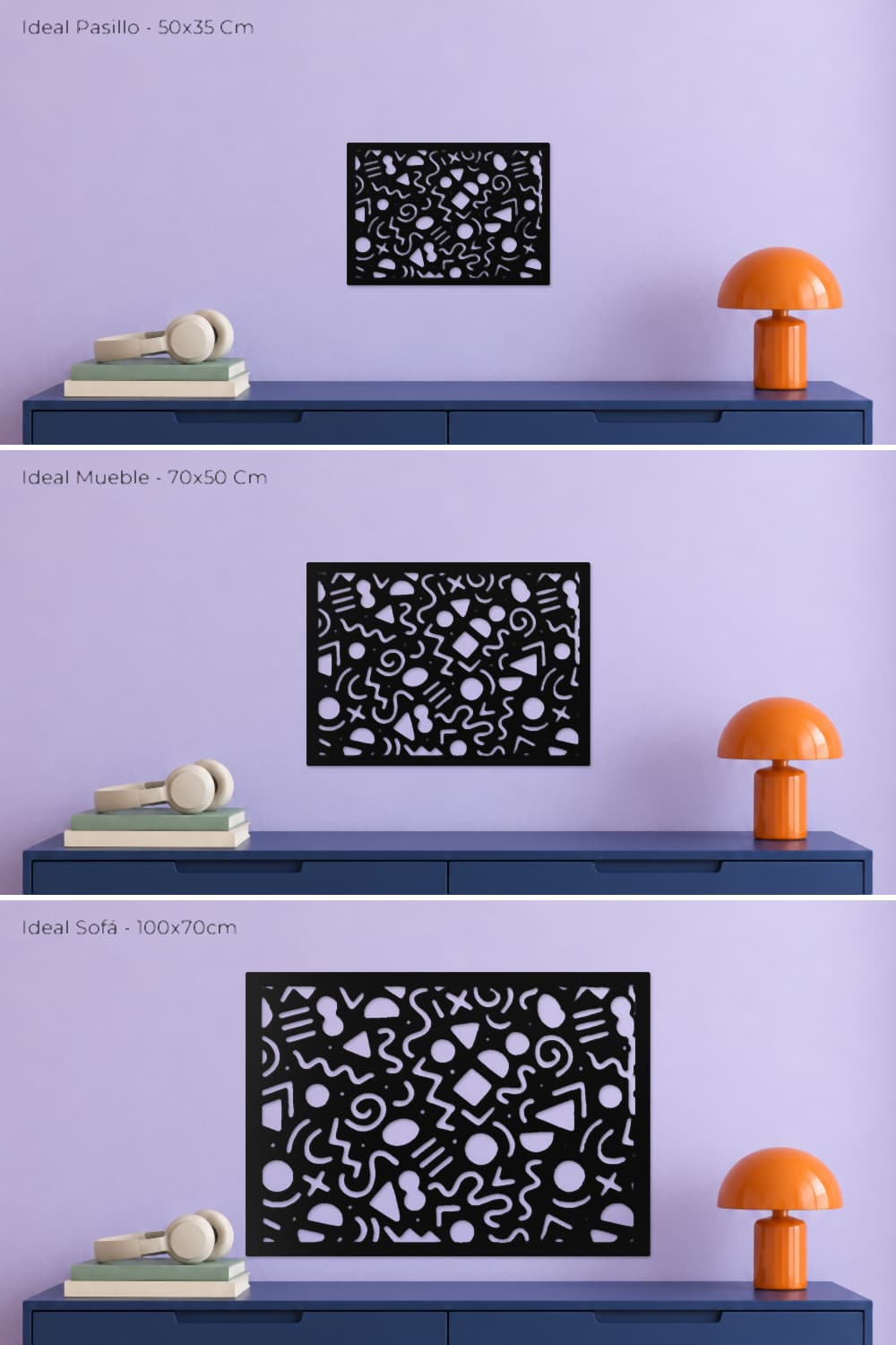Estrambotic: comparación de los tamaños 50x35, 70x50 y 100x70 cm en la misma pared