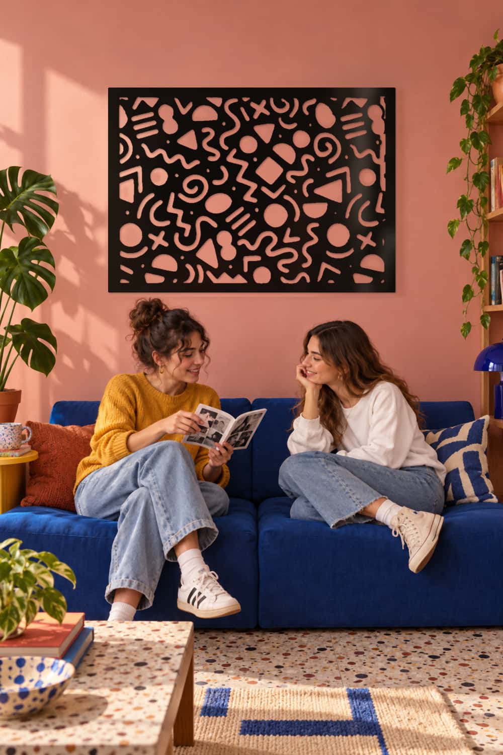 Estrambotic en sala rosa con dos amigas compartiendo un fanzine en un sofá azul
