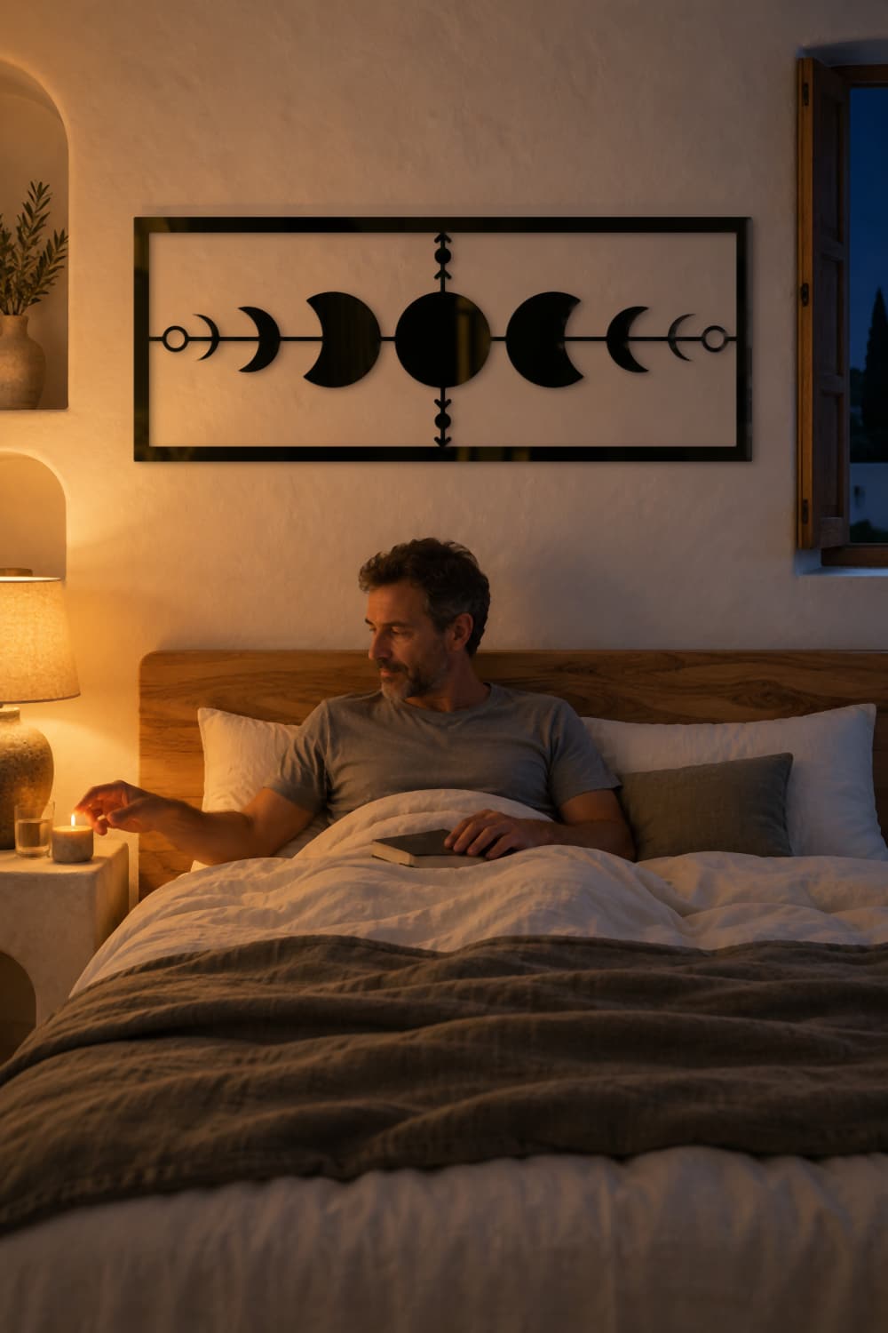 Cuadro Fases Lunares sobre el cabecero de un dormitorio de noche, hombre con un libro antes de dormir