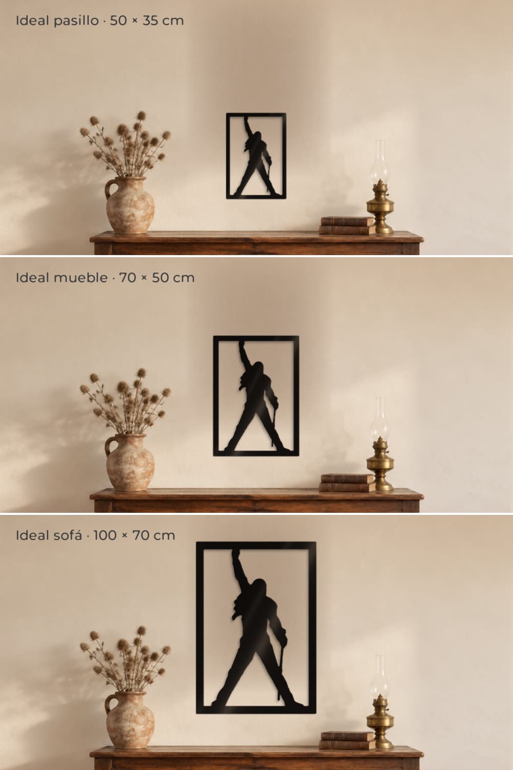 Medidas del cuadro Freddie Mercury: 50x35, 70x50 y 100x70 cm sobre la misma consola