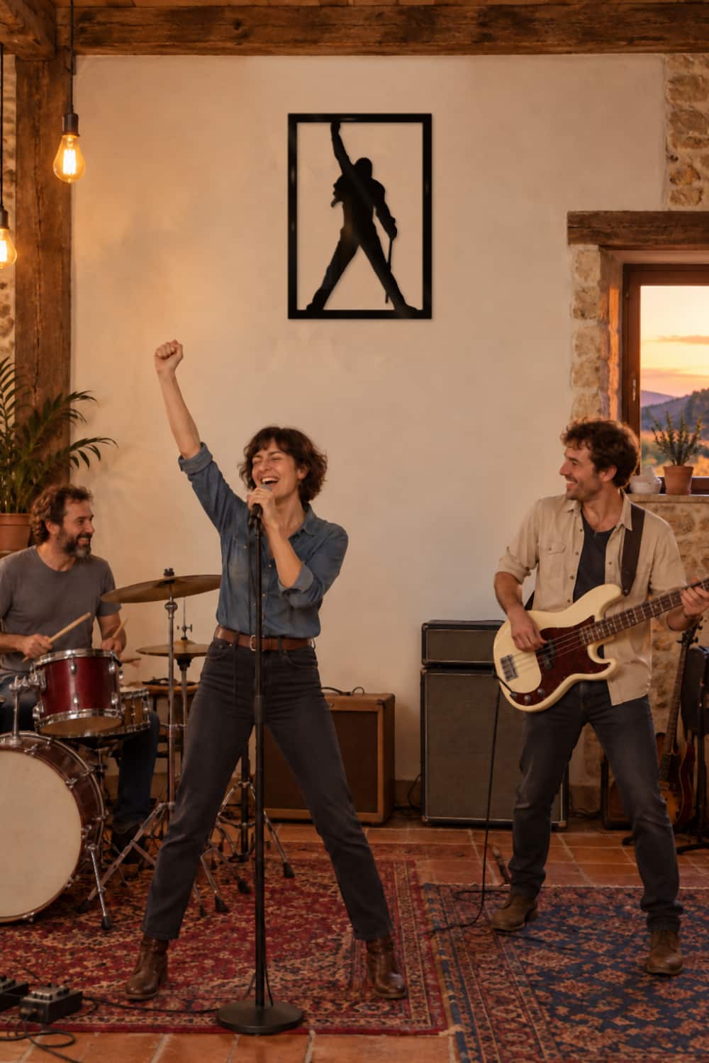 Cuadro Freddie Mercury de metal en la sala de ensayo de una banda en una casa de campo al atardecer