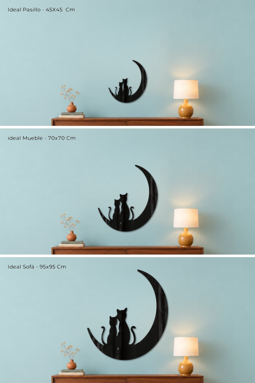 Gatos en la luna: comparación de las medidas 45x45, 70x70 y 95x95 cm.